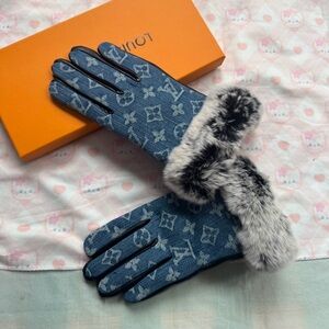 Louis Vuitton Denim Monogram Rabbit Fur Gloves